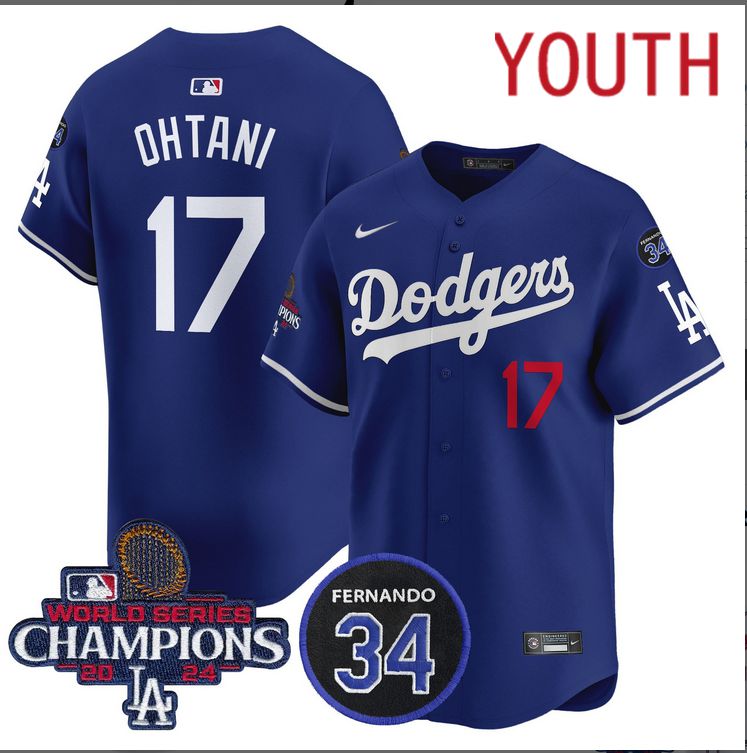 Youth  MLB Los Angeles Dodgers #17 Ohtani blue 2024 World Series Champions Patch Limited Jersey style 2